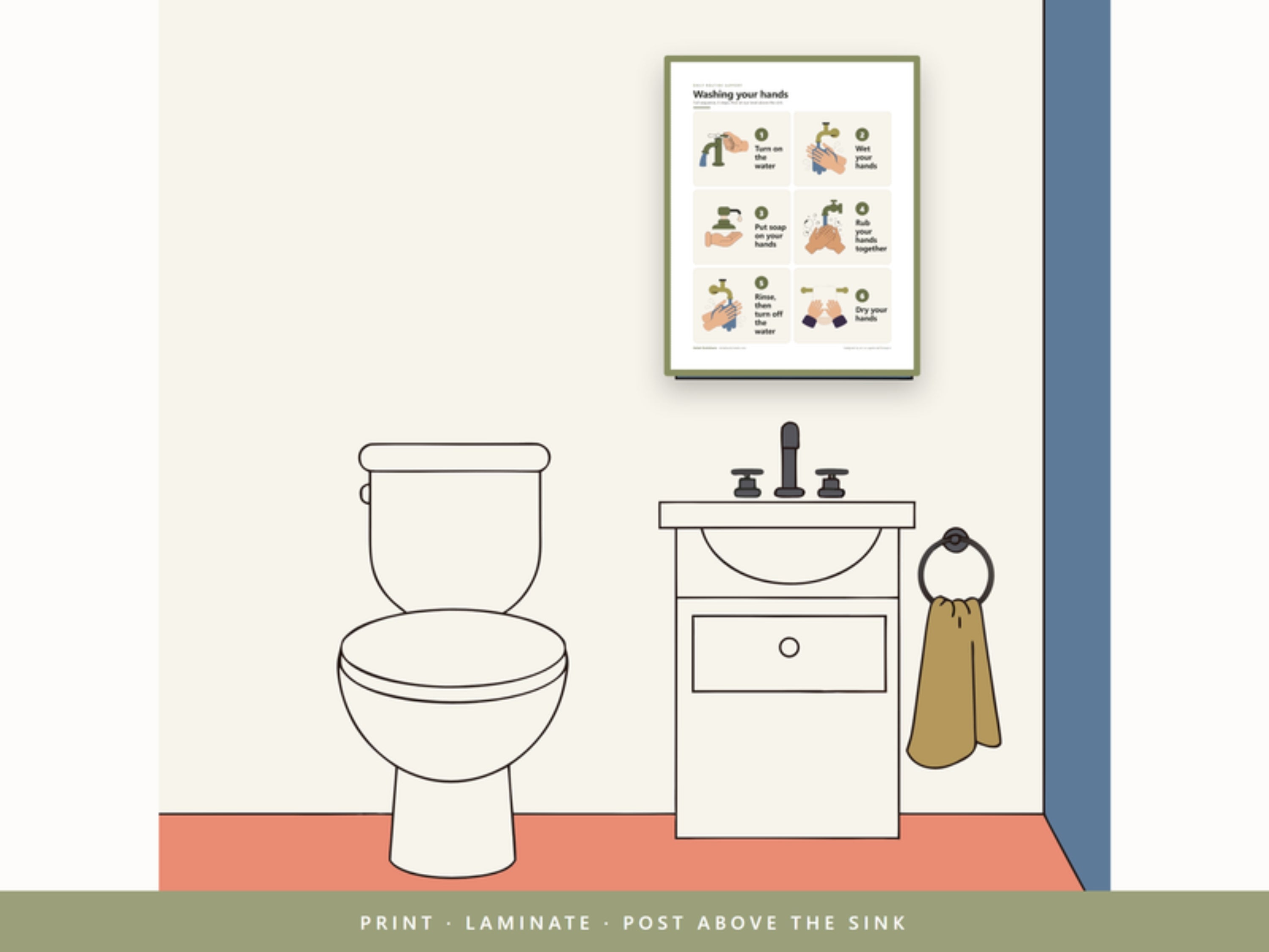 Hand washing card printed, laminated and posted above the bathroom sink