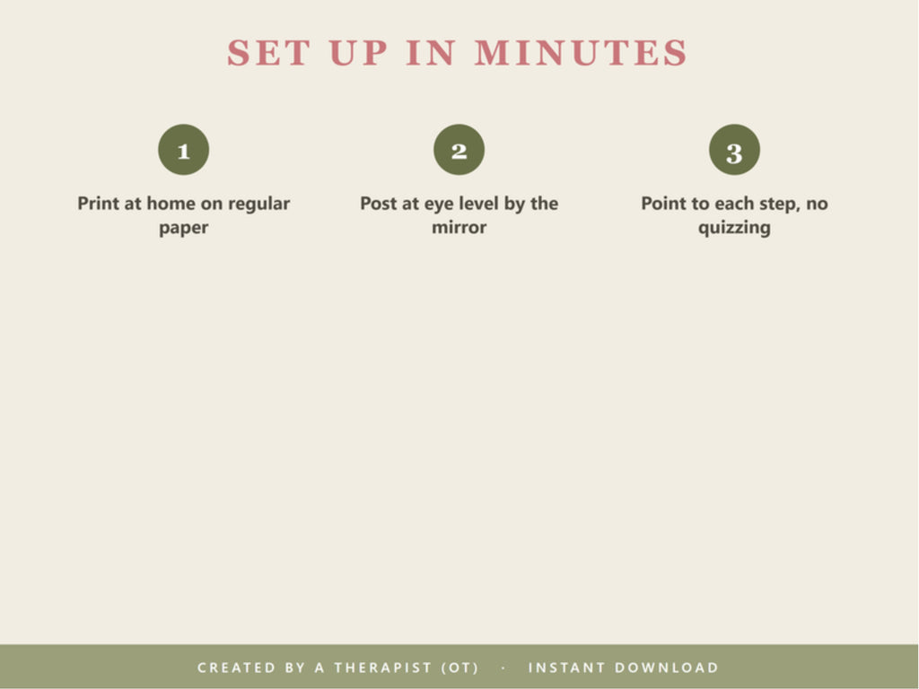 Set up in minutes: print at home on regular paper, post at eye level by the mirror, point to each step without quizzing