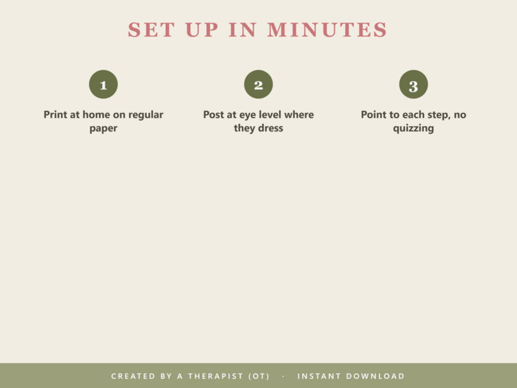 Set up in minutes: print at home on regular paper, post at eye level where they dress, point to each step without quizzing