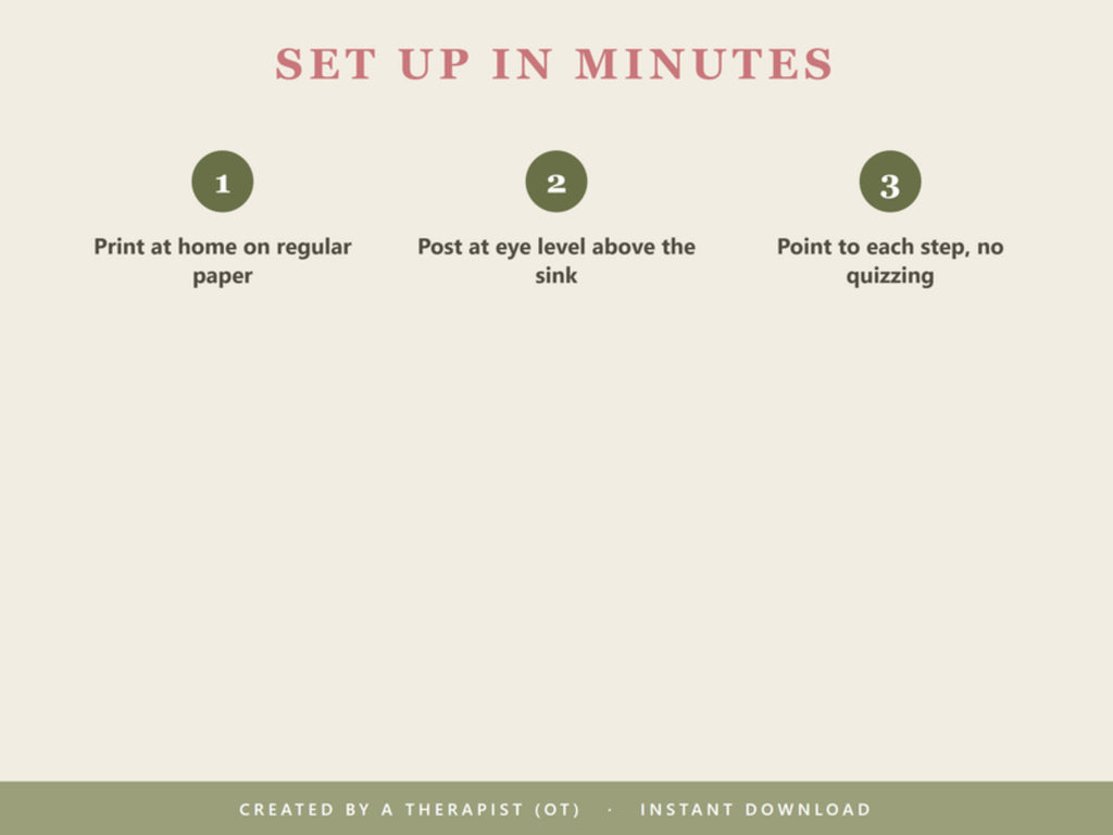 Set up in minutes: print at home on regular paper, post at eye level above the sink, point to each step without quizzing