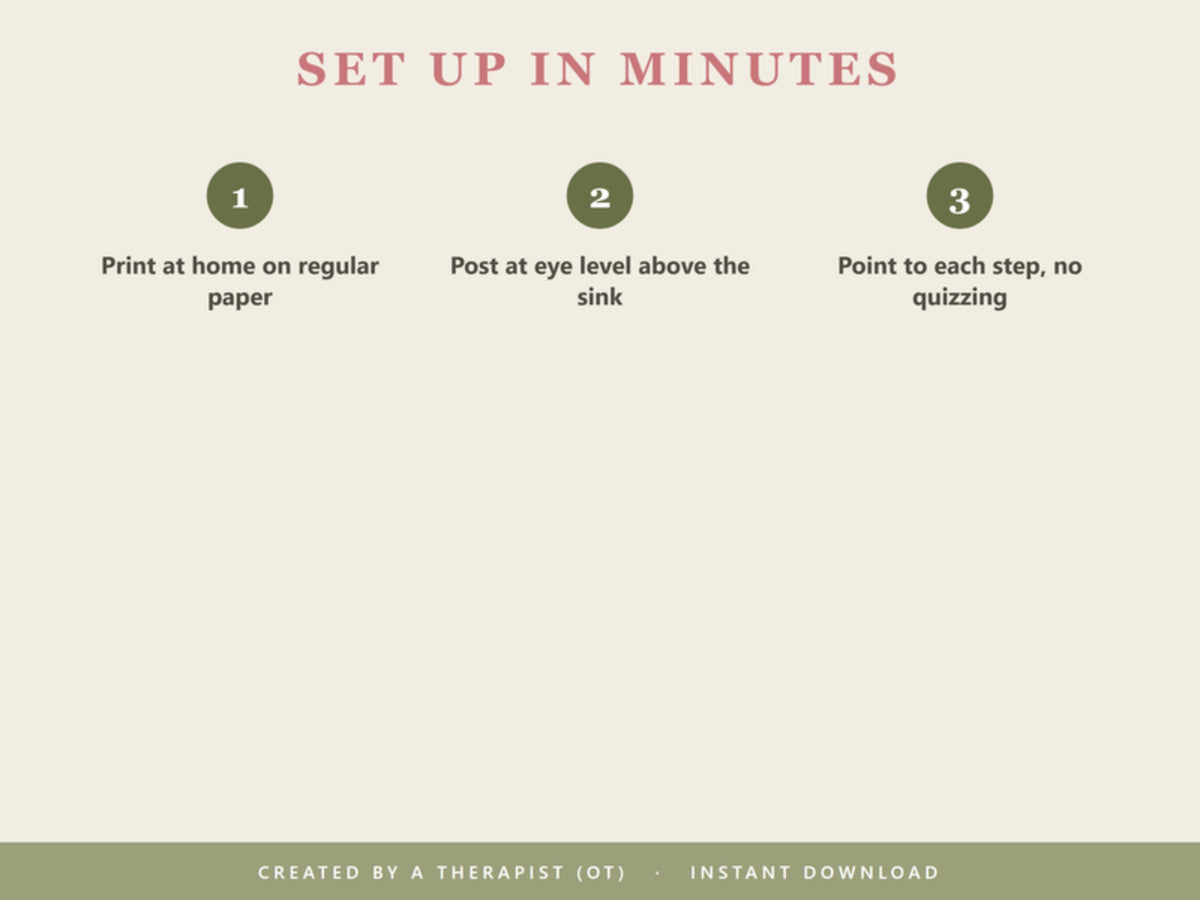 Set up in minutes: print at home on regular paper, post at eye level above the sink, point to each step without quizzing