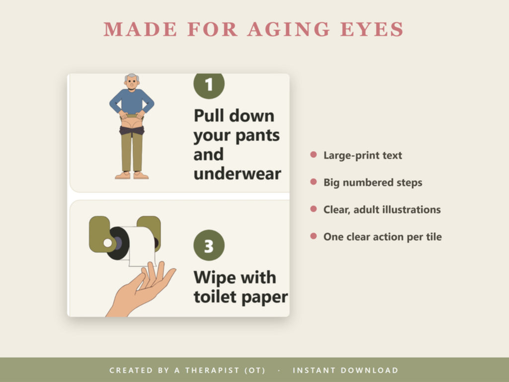 Made for aging eyes: large-print text, big numbered steps, clear adult illustrations, one action per tile