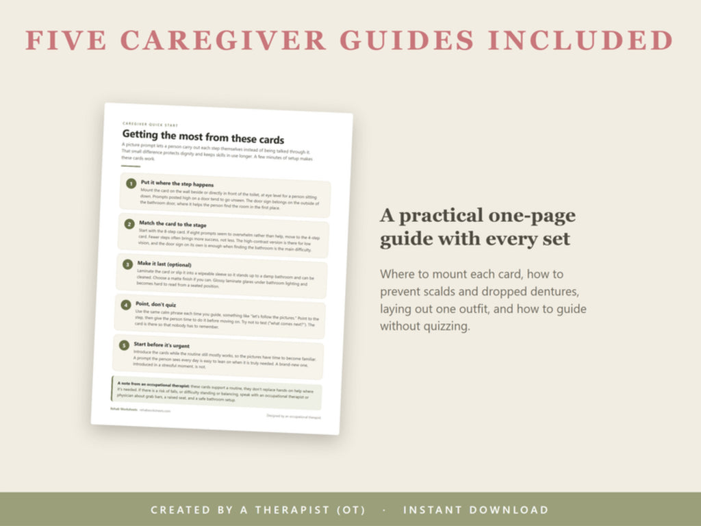Five caregiver guides included: a practical one-page guide with every set