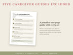Five caregiver guides included: a practical one-page guide with every set