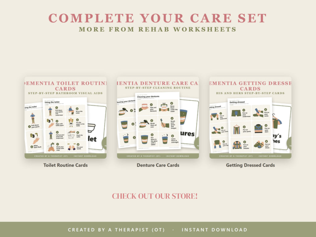 Complete your care set: toilet routine cards, denture care cards and getting dressed cards from Rehab Worksheets