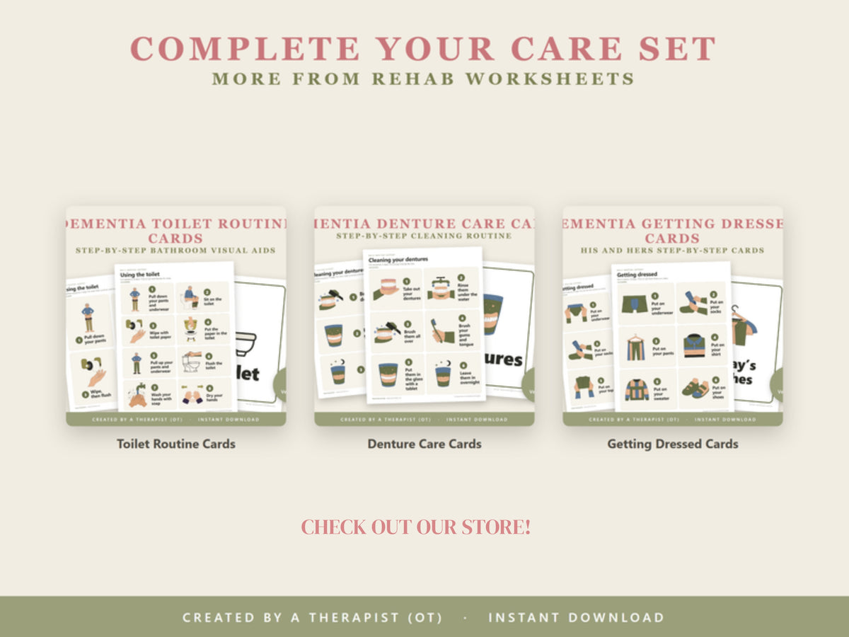 Complete your care set: toilet routine cards, denture care cards and getting dressed cards from Rehab Worksheets