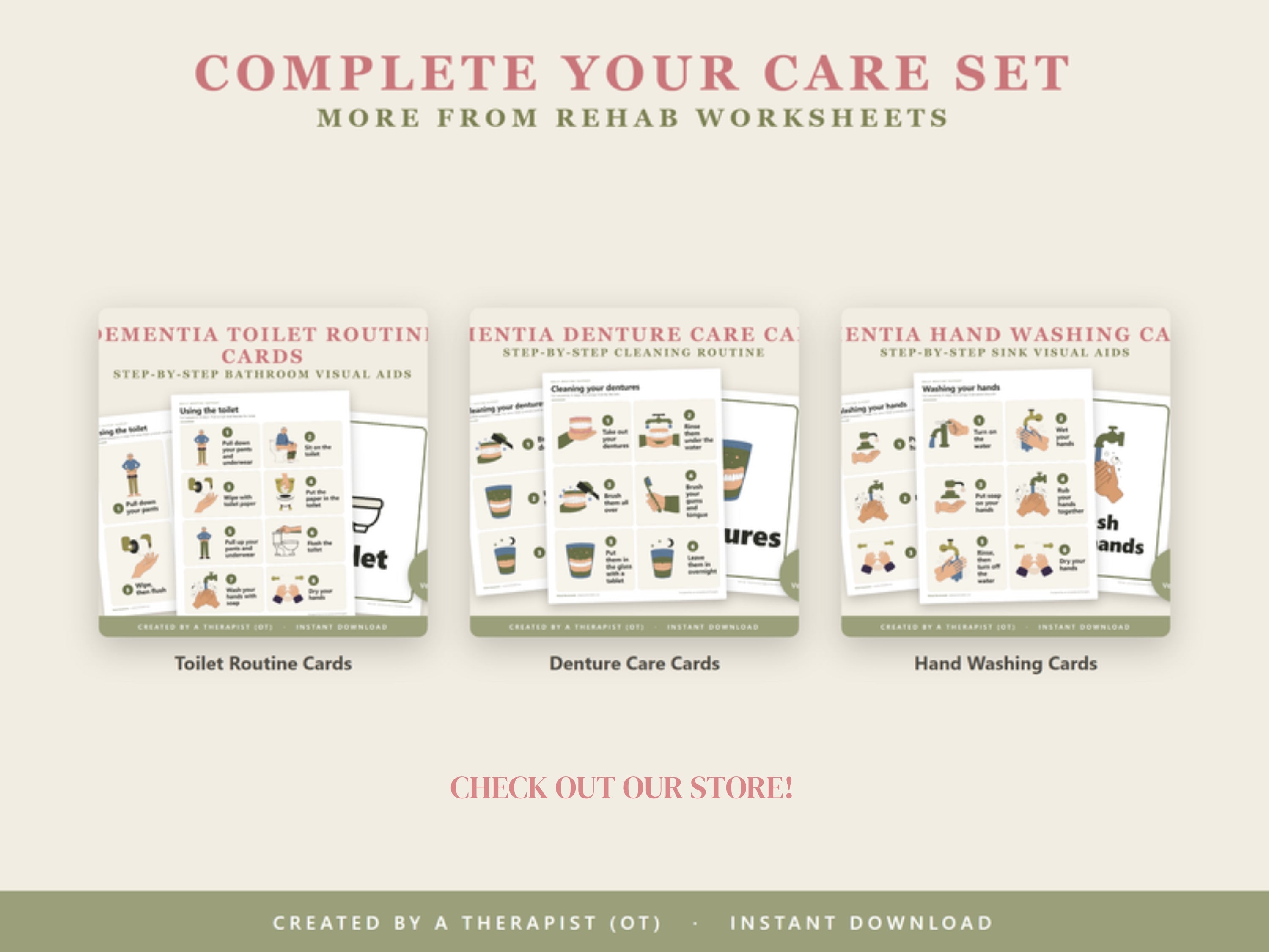 Complete your care set: toilet routine cards, denture care cards and hand washing cards from Rehab Worksheets