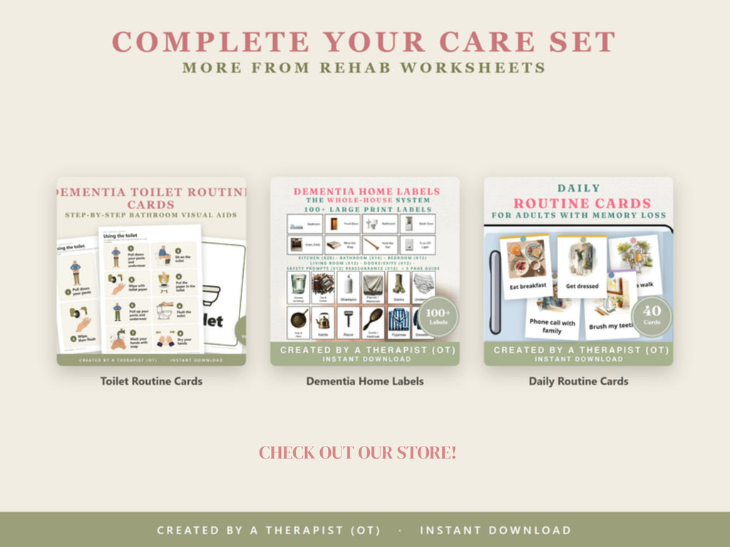 Complete your care set: toilet routine cards, dementia home labels and daily routine cards from Rehab Worksheets