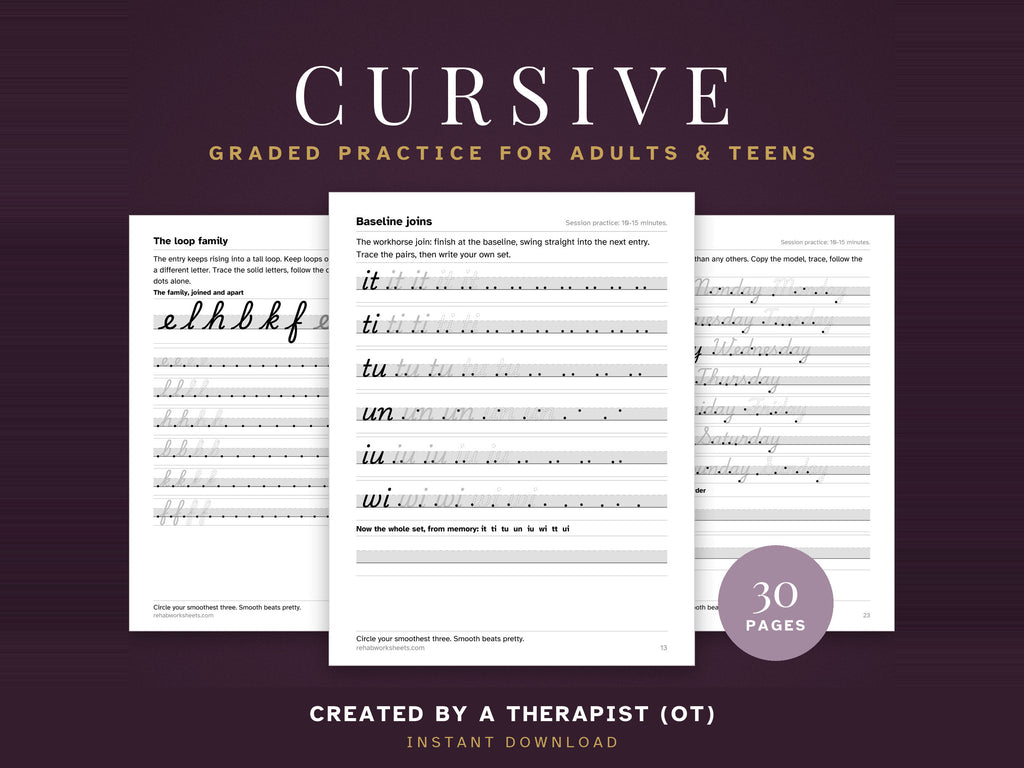 Cursive: graded practice for adults and teens, 30 pages, created by an occupational therapist