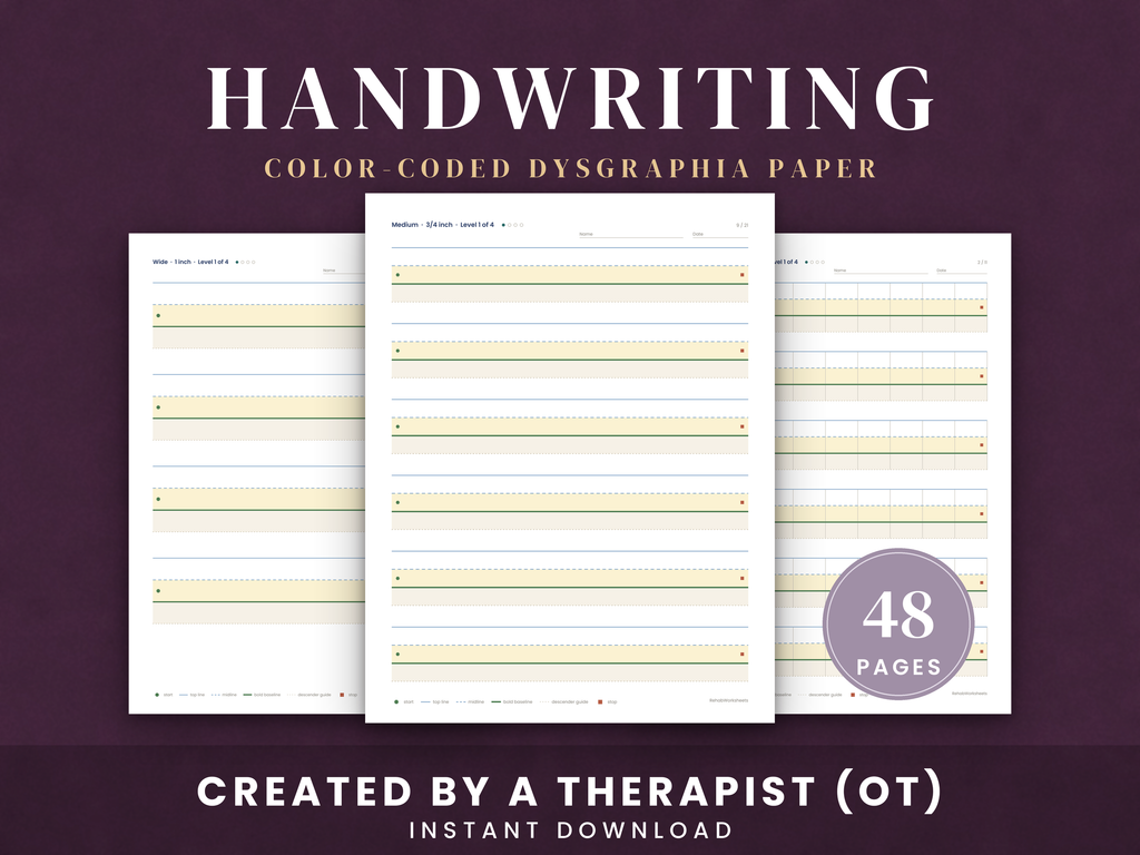 Color-coded dysgraphia handwriting paper, 48 pages, created by an occupational therapist