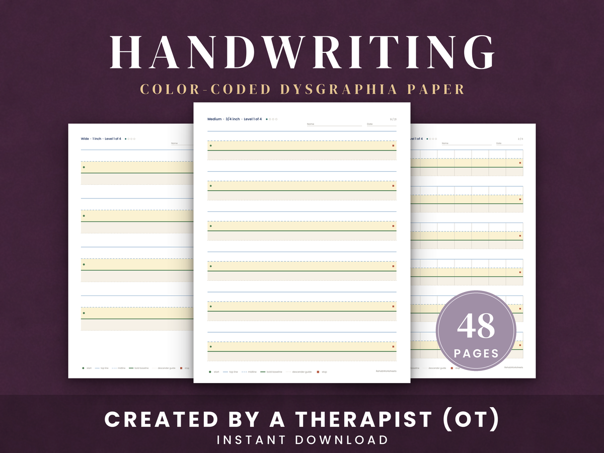 Color-coded dysgraphia handwriting paper, 48 pages, created by an occupational therapist