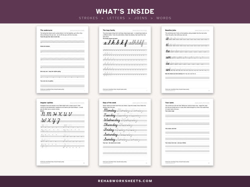 What's inside: strokes, then letters, then joins, then words, shown on six sample worksheets