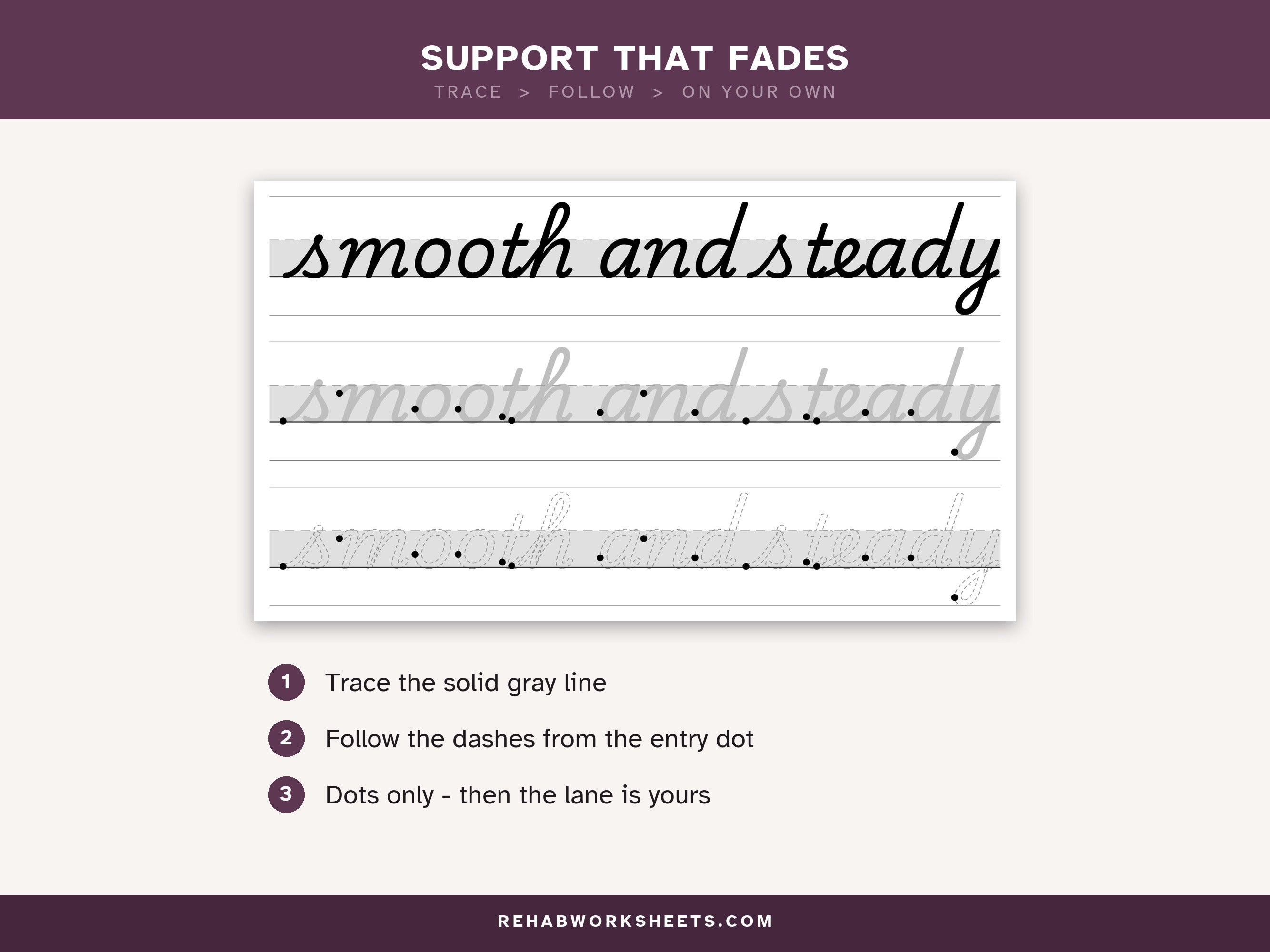 Support that fades: trace the solid gray line, follow the dashes from the entry dot, then dots only