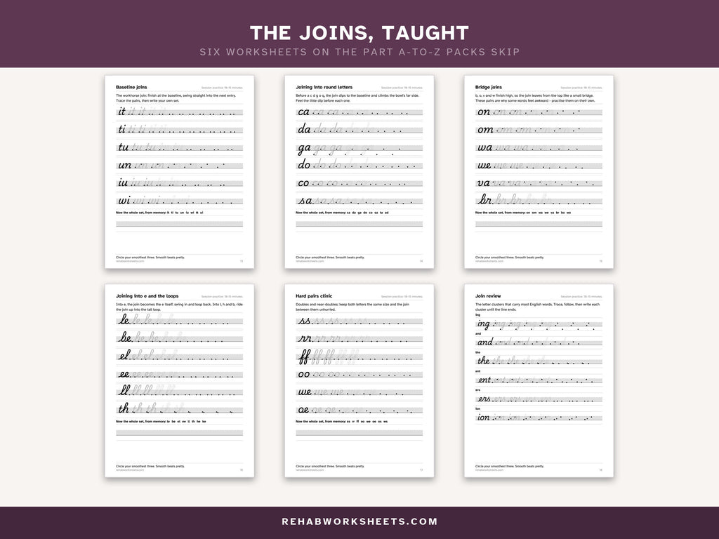 The joins, taught: six worksheets on the part A-to-Z packs skip