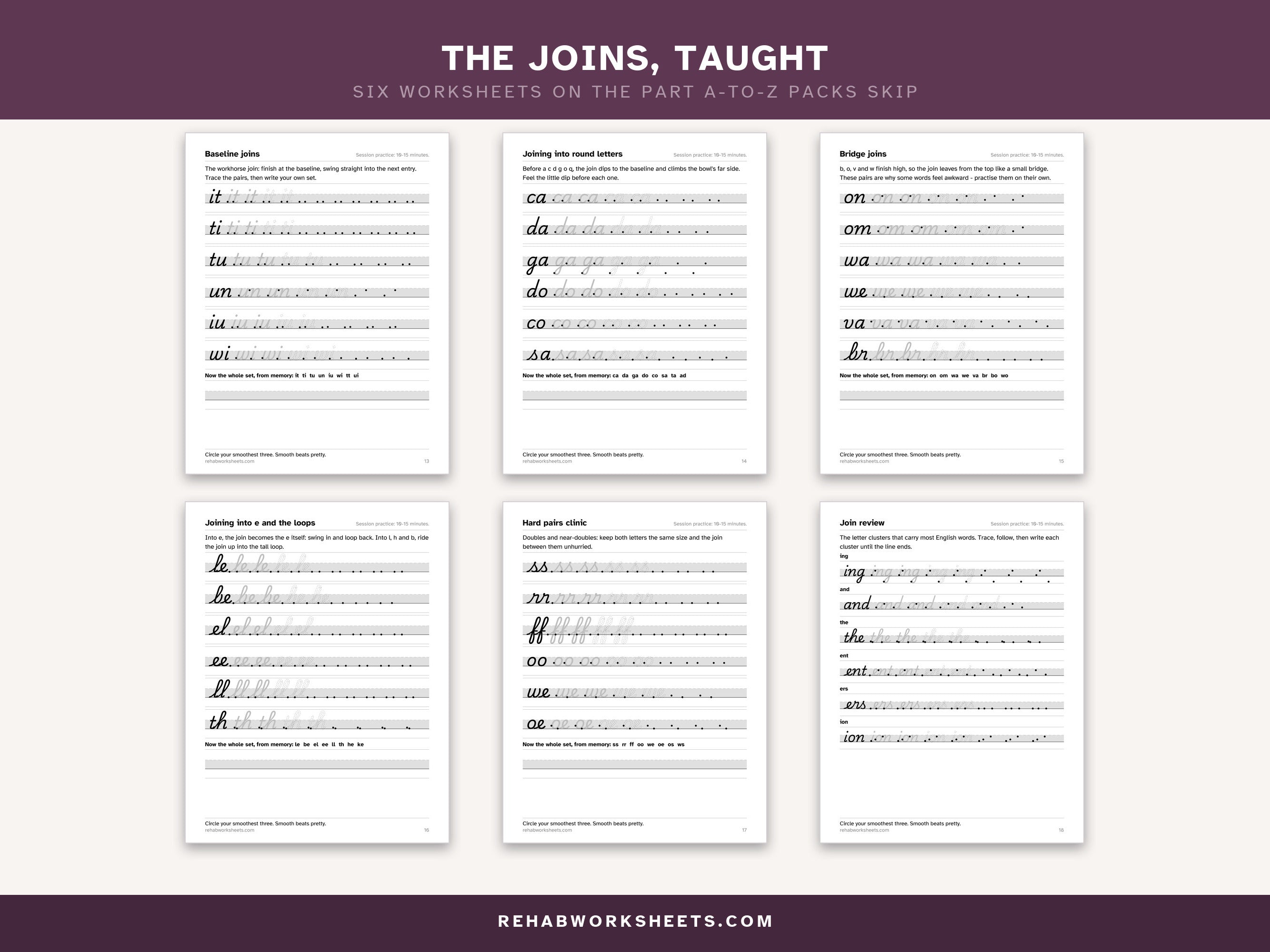 The joins, taught: six worksheets on the part A-to-Z packs skip