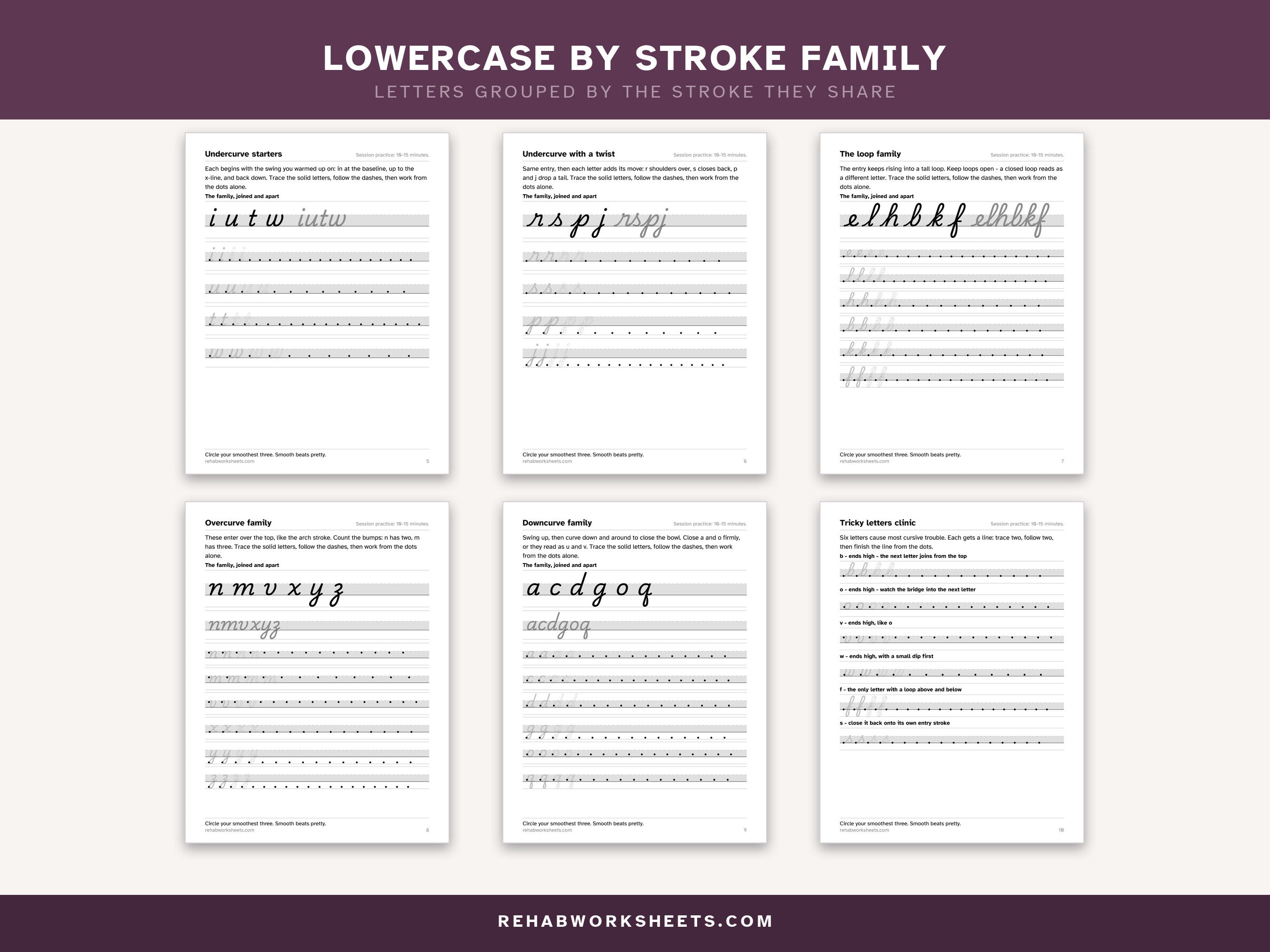 Lowercase by stroke family: letters grouped by the stroke they share