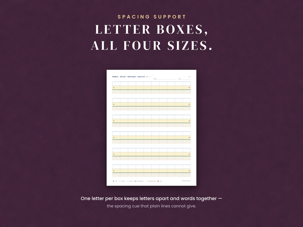Letter boxes in all four sizes: one letter per box keeps letters apart and words together