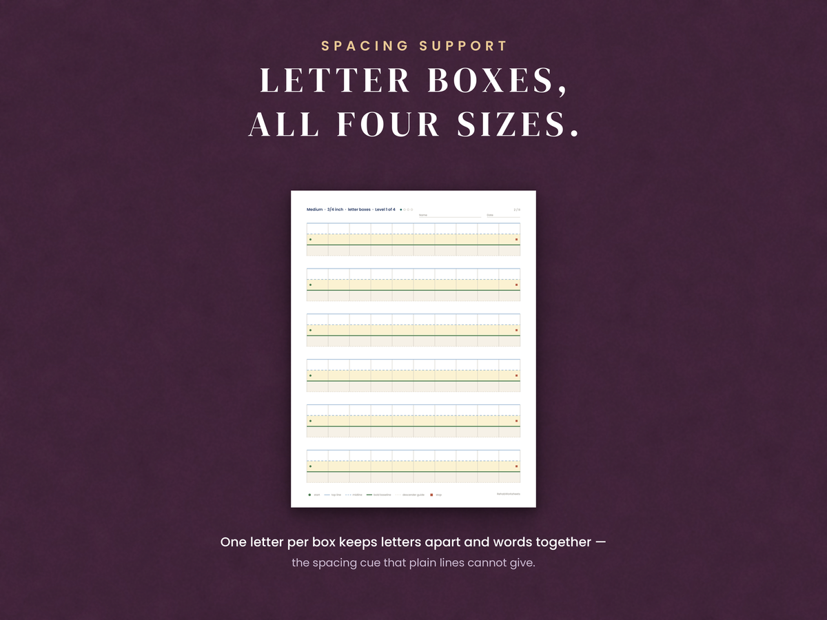 Letter boxes in all four sizes: one letter per box keeps letters apart and words together