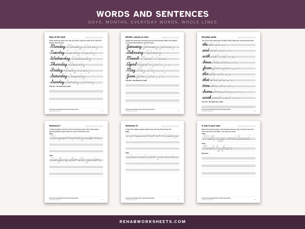 Words and sentences: days, months, everyday words and whole lines