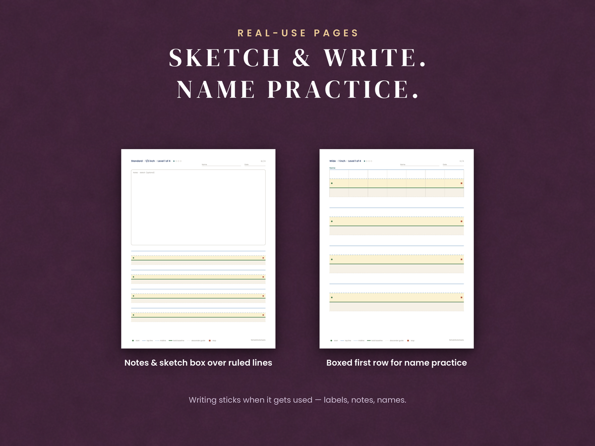 Real-use pages: notes and sketch box over ruled lines, and a boxed first row for name practice