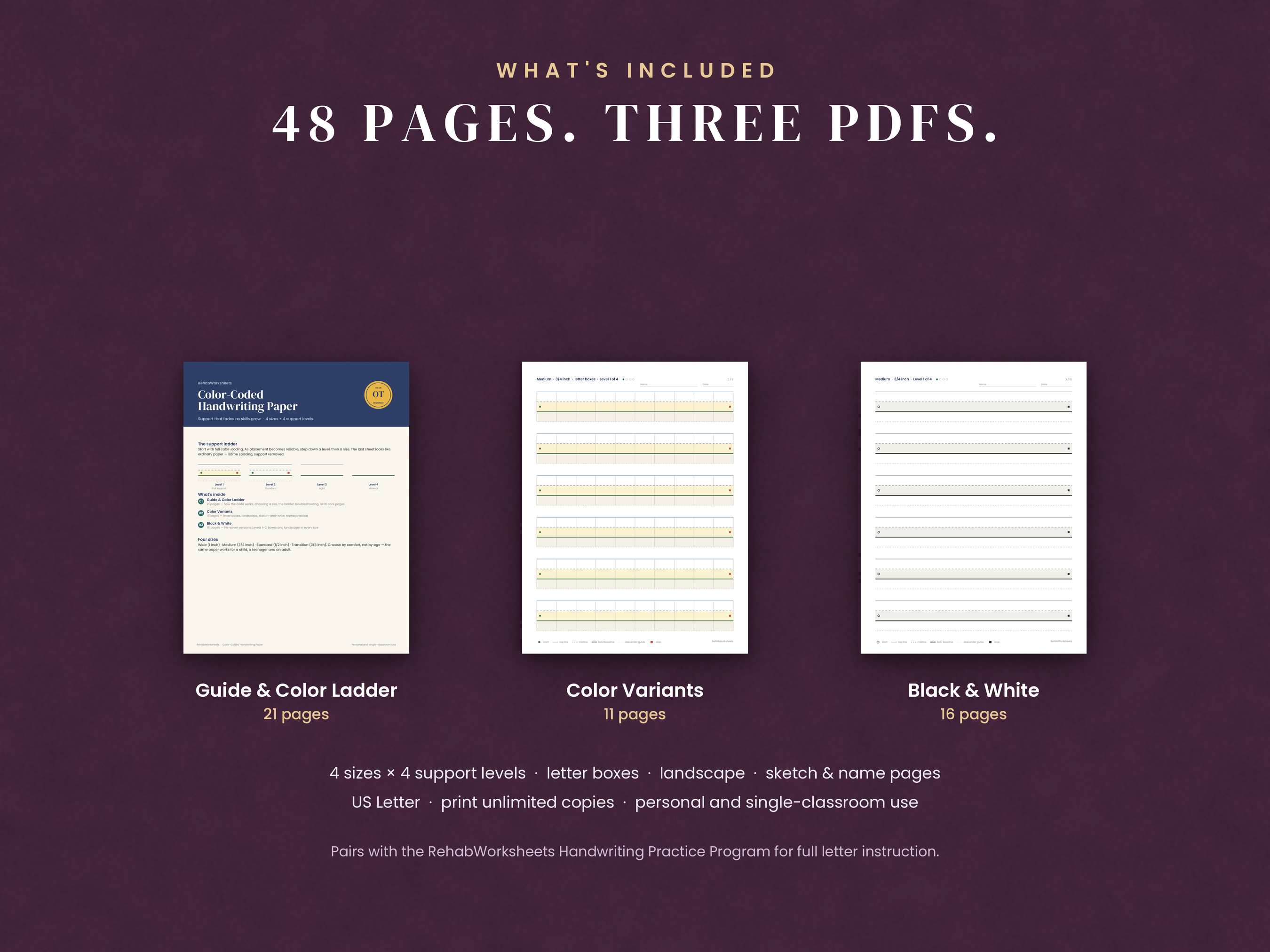 What's included: 48 pages across three PDFs, guide and color ladder, color variants, and black and white