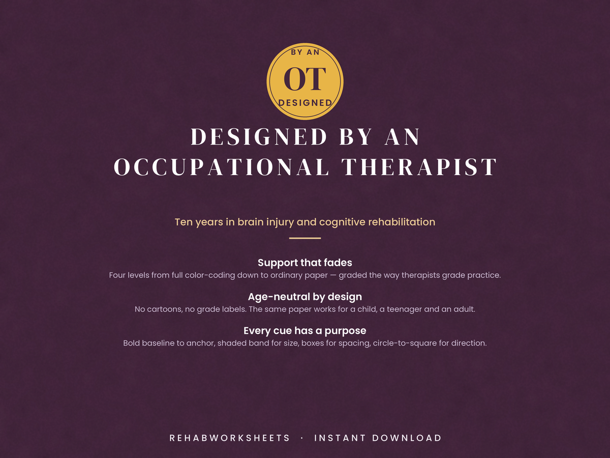 Designed by an occupational therapist: support that fades, age-neutral by design, every cue has a purpose