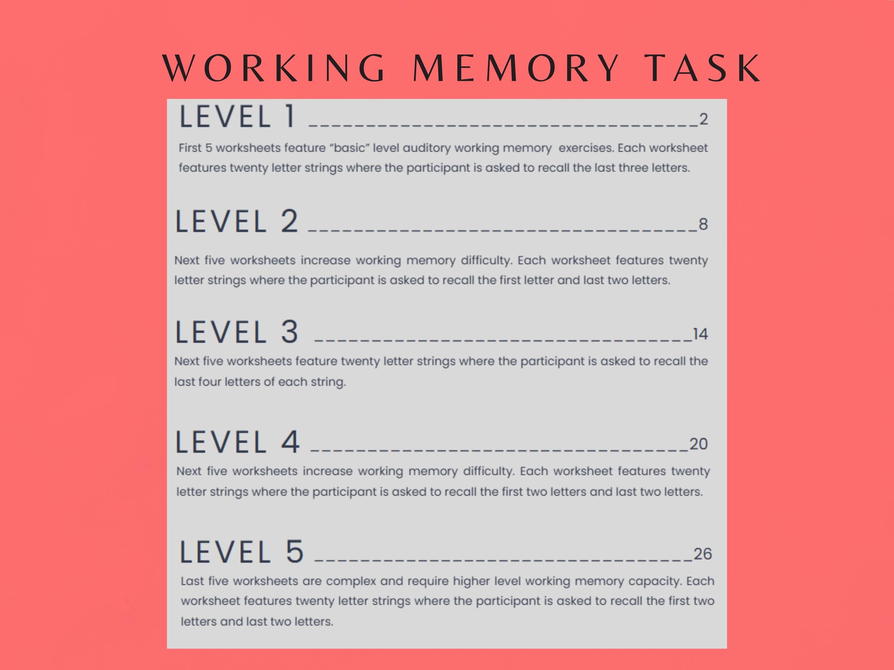 Auditory Working Memory Task (25 Worksheets) - Memory