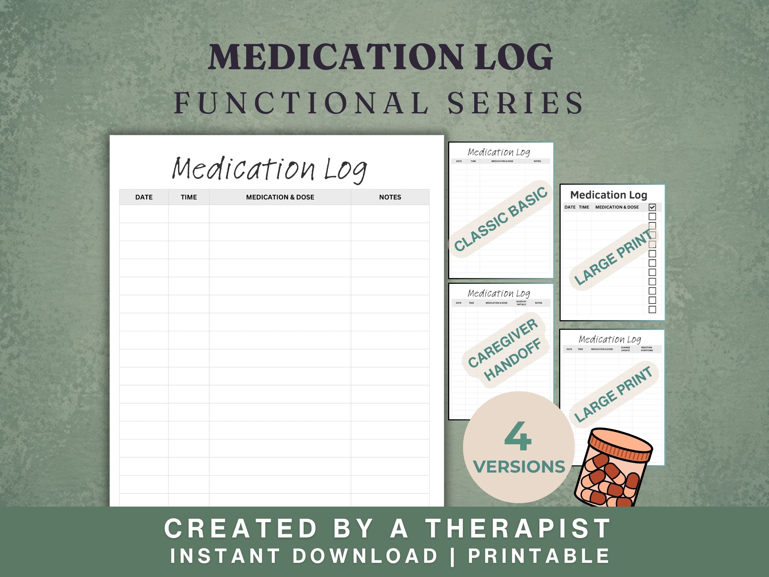 Medication Log Printable — 4 Versions Including Large Print
