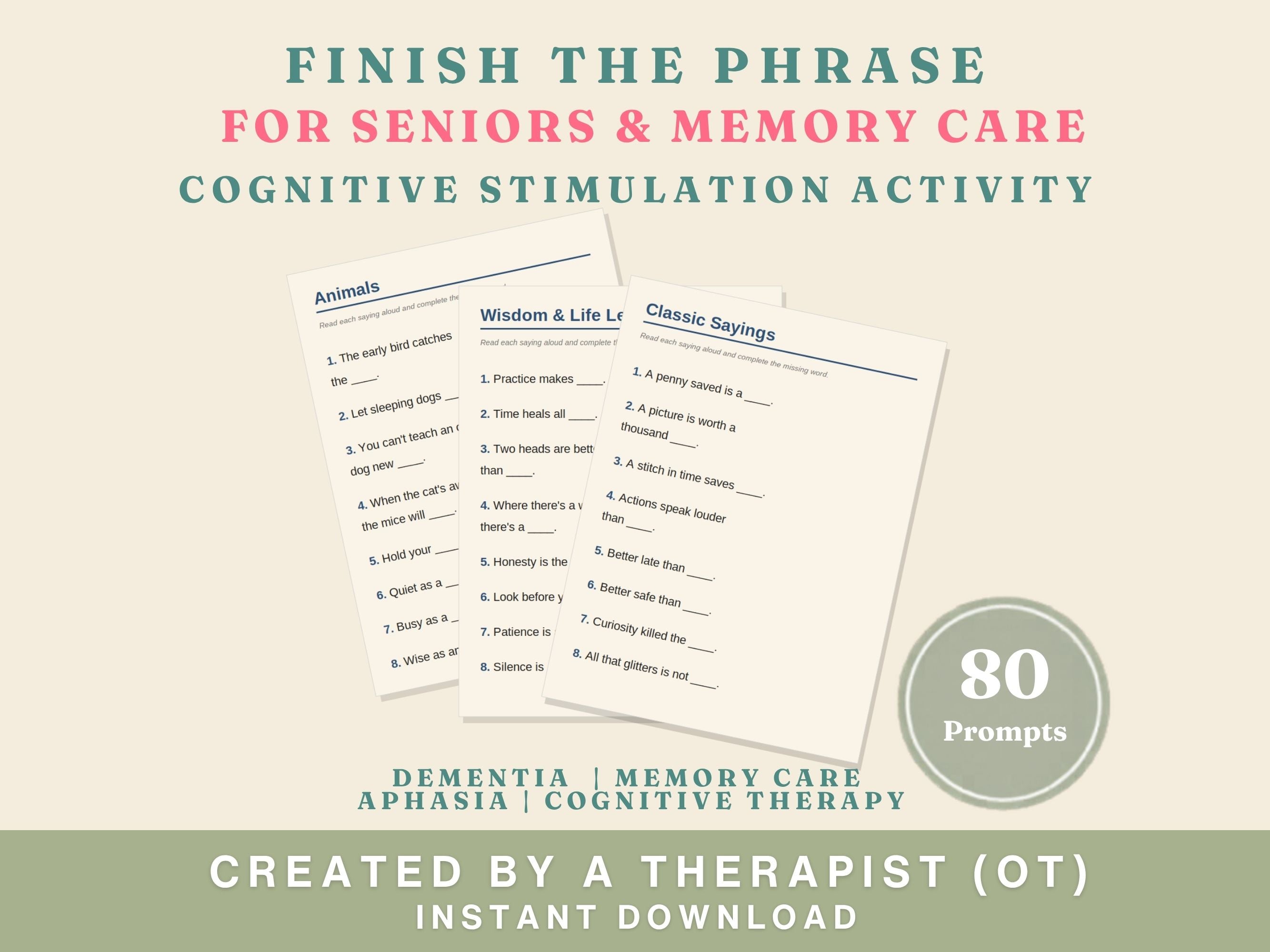 Finish the Phrase Worksheets for Seniors (80 Prompts) — Dementia Activity