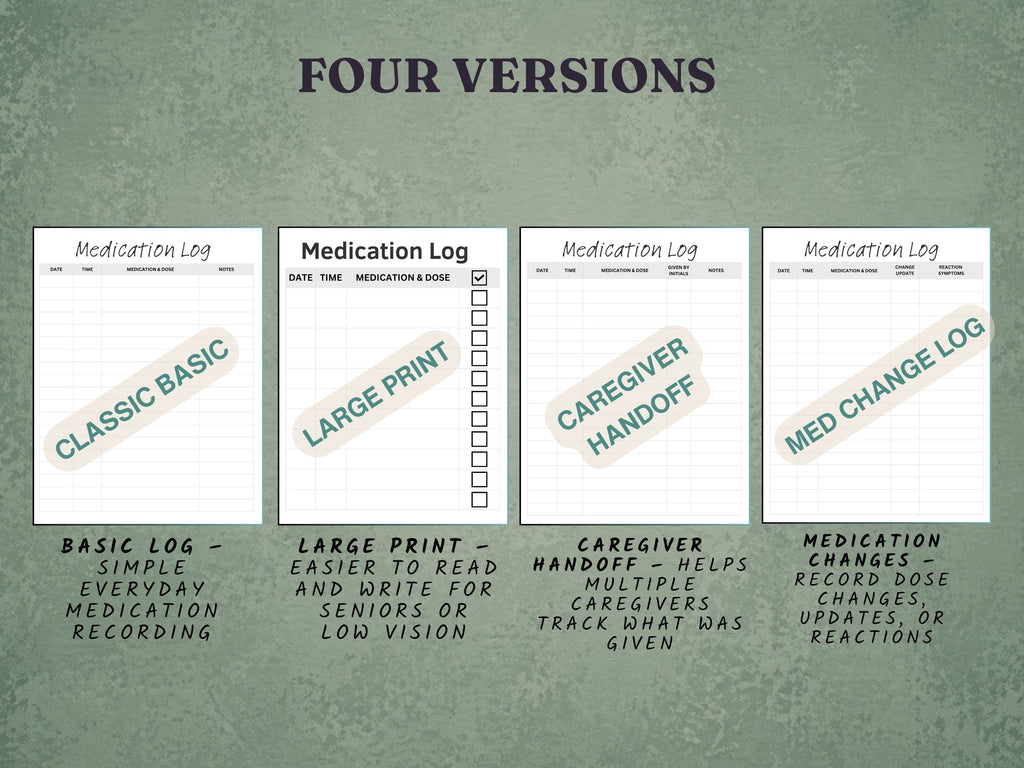 Medication Log Printable — 4 Versions Including Large Print