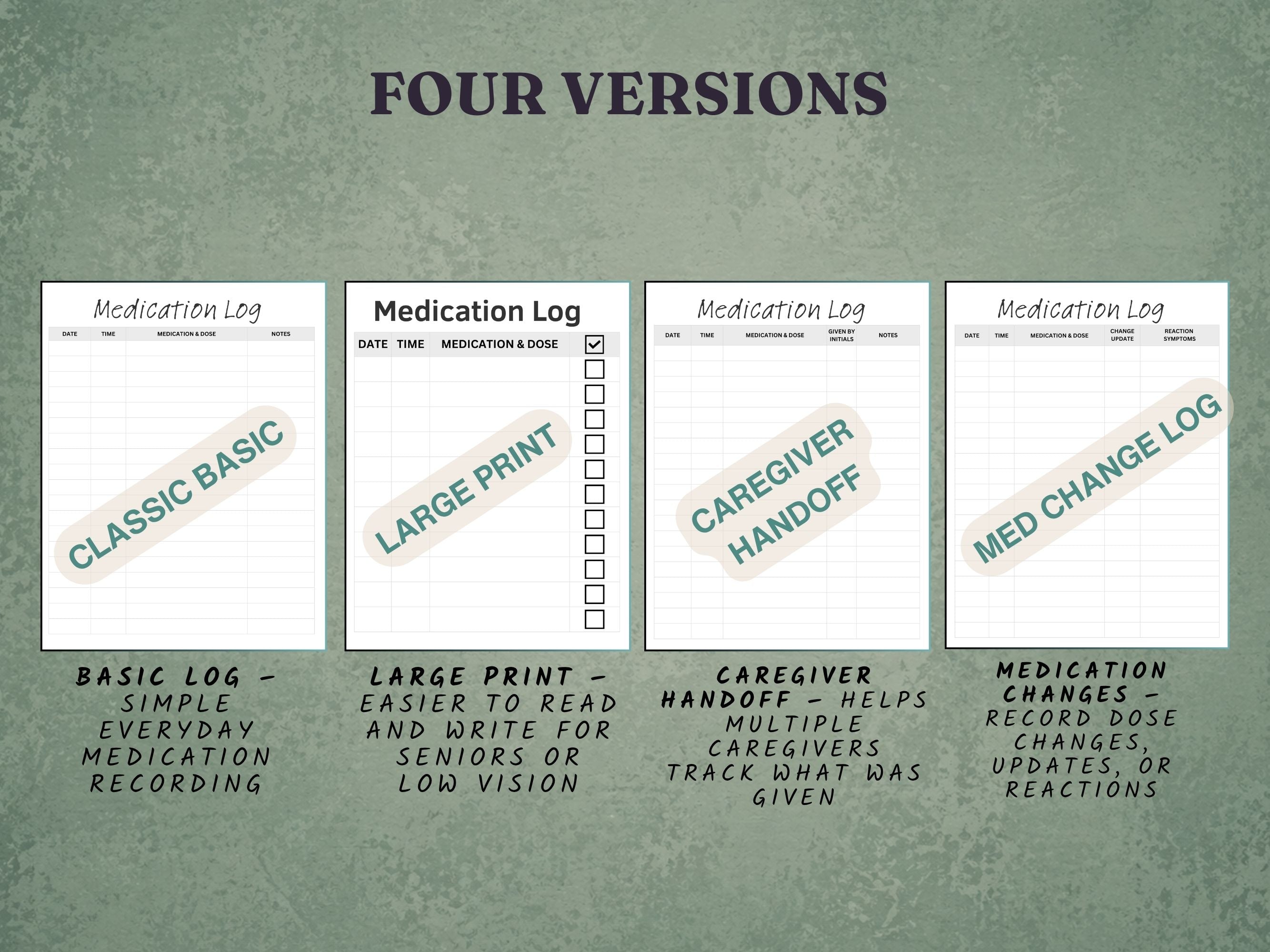 Medication Log Printable — 4 Versions Including Large Print