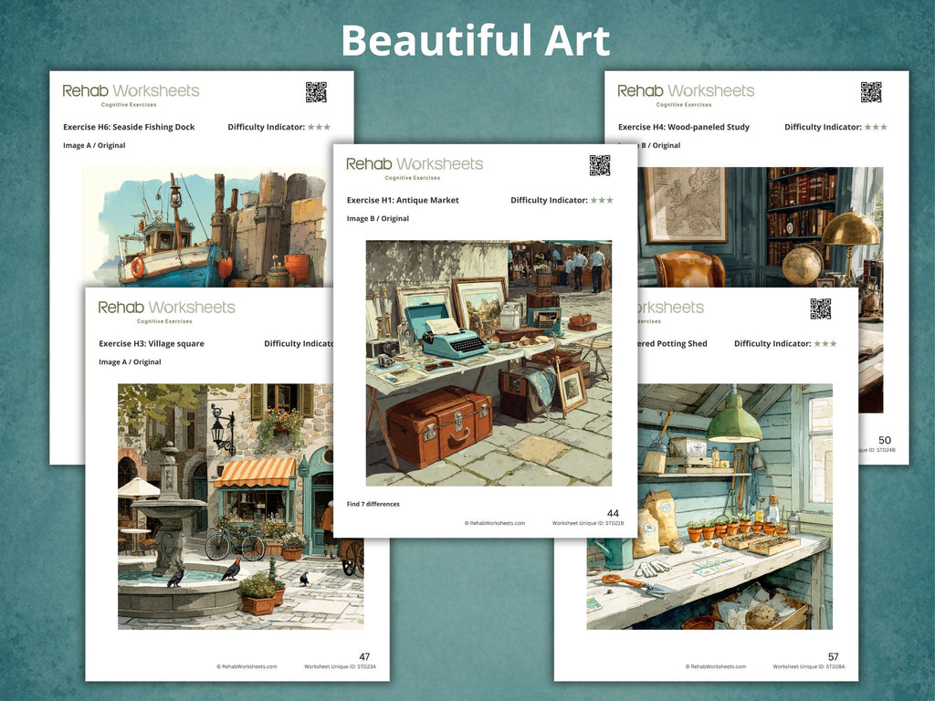 Dementia Spot the Difference Worksheets (30) — Realistic Scenes for Adults