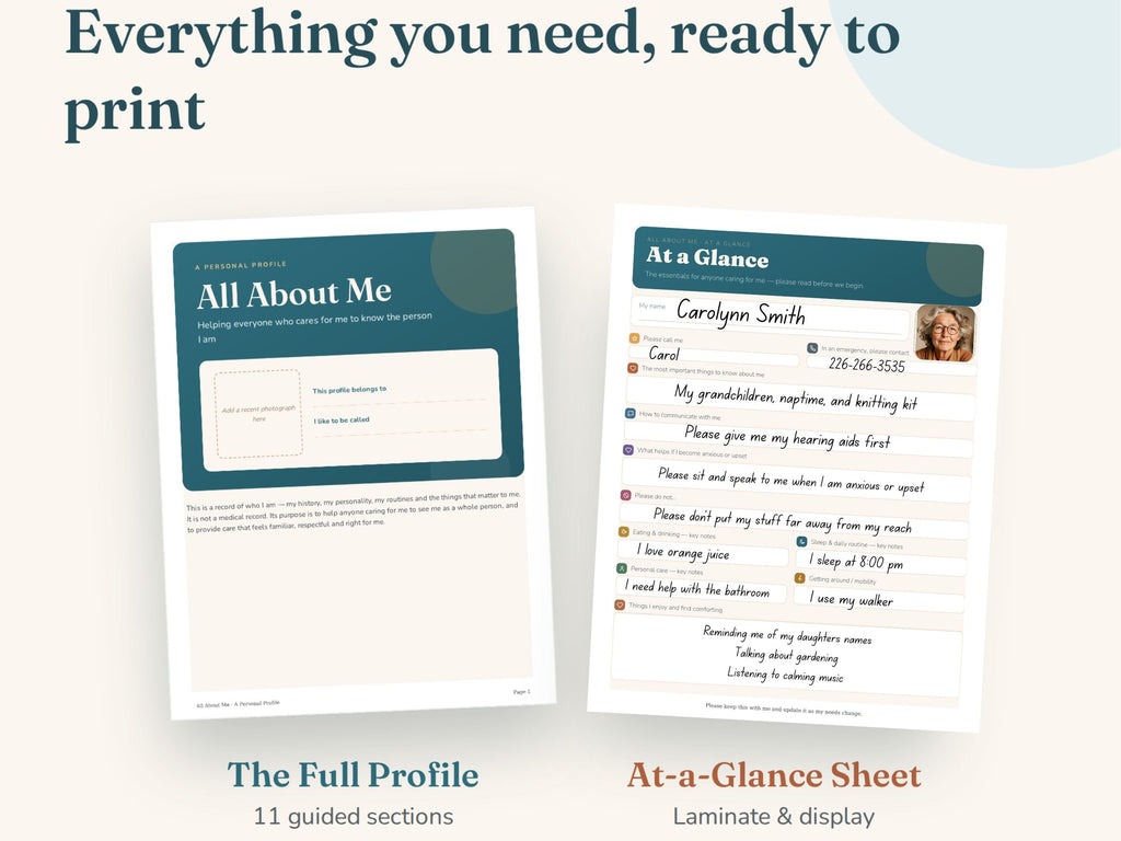 All About Me — Dementia Care Profile (Printable & Fillable PDF)