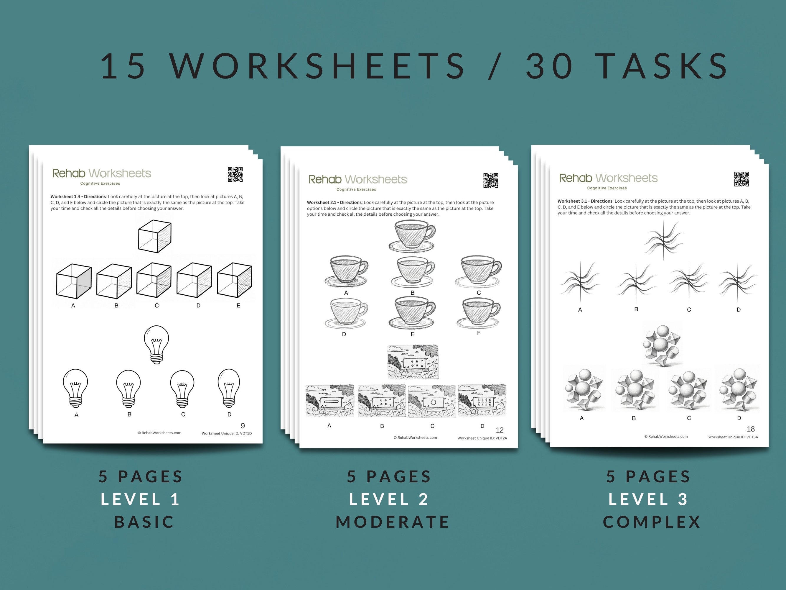 Visual Discrimination Worksheets by Rehab Worksheets, 3 pages of visual perception exercises for improving visual discrimination skills.