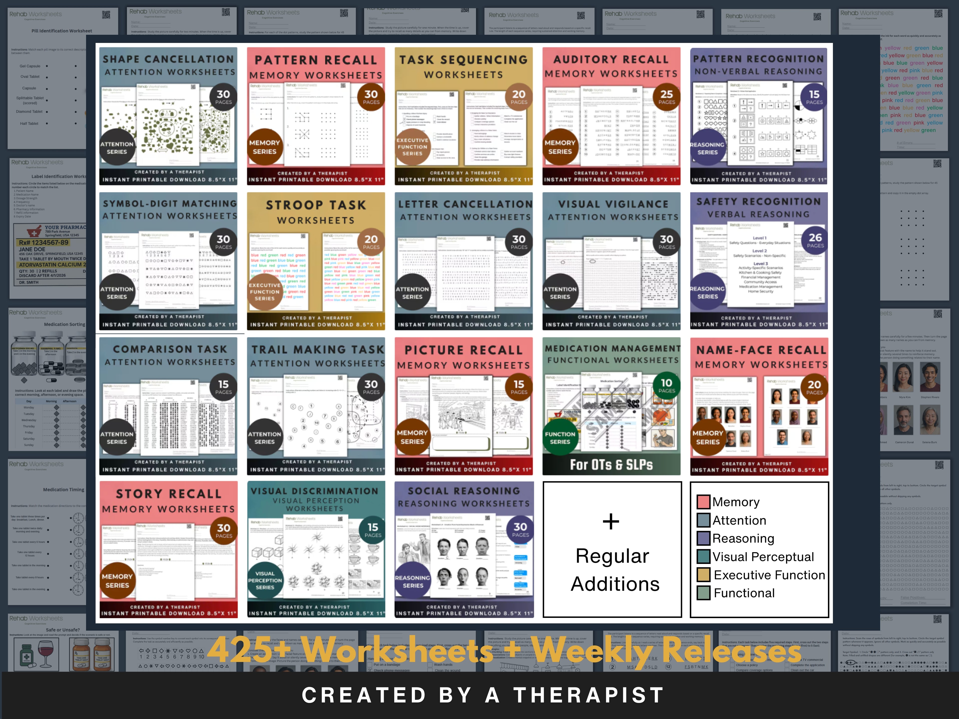 Digital Mega Bundle by Rehab Worksheets showing various downloadable therapy and worksheet files in a colorful, organized digital collection