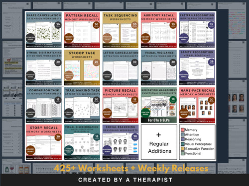 Digital Mega Bundle by Rehab Worksheets showing various downloadable therapy and worksheet files in a colorful, organized digital collection
