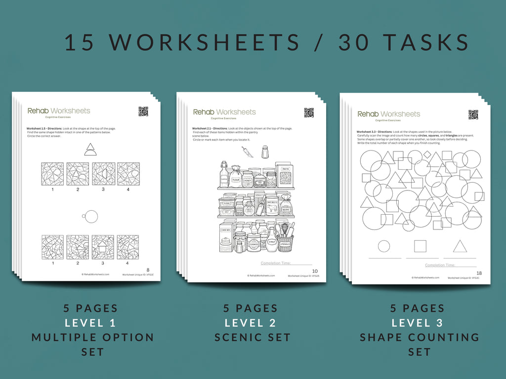Visual Figure-Ground Worksheets by Rehab Worksheets, showing colorful images for visual perception practice on a 15-page activity sheet.