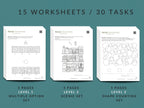 Visual Figure-Ground Worksheets by Rehab Worksheets, showing colorful images for visual perception practice on a 15-page activity sheet.