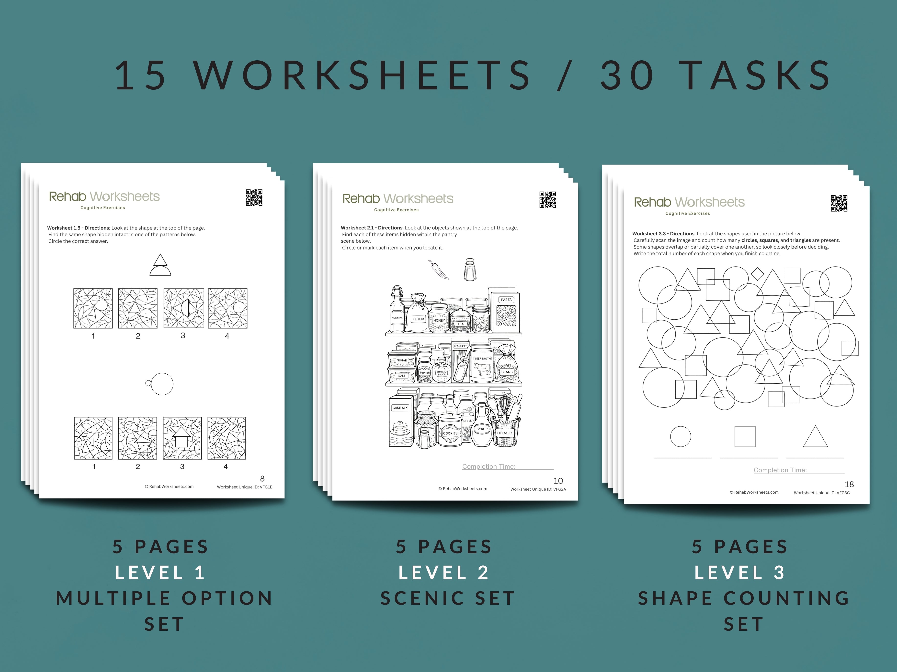 Visual Figure-Ground Worksheets by Rehab Worksheets, showing colorful images for visual perception practice on a 15-page activity sheet.