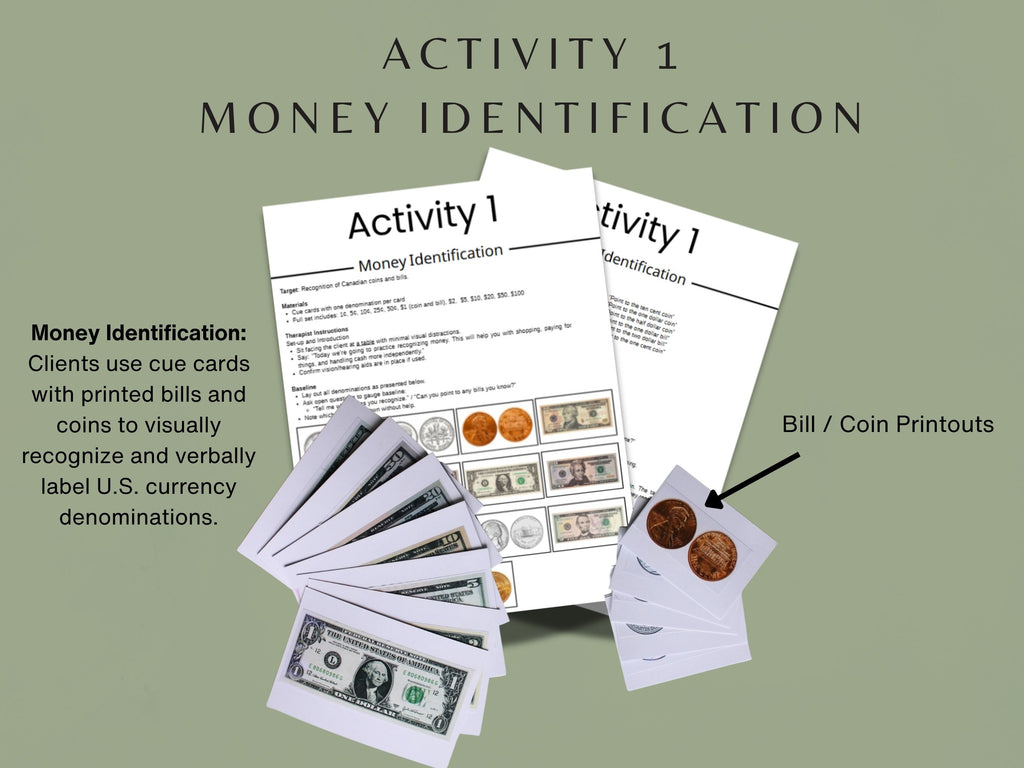 Rehab Worksheets money management kit for occupational and speech therapy, includes cognitive and physical training tools.