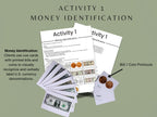 Rehab Worksheets money management kit for occupational and speech therapy, includes cognitive and physical training tools.