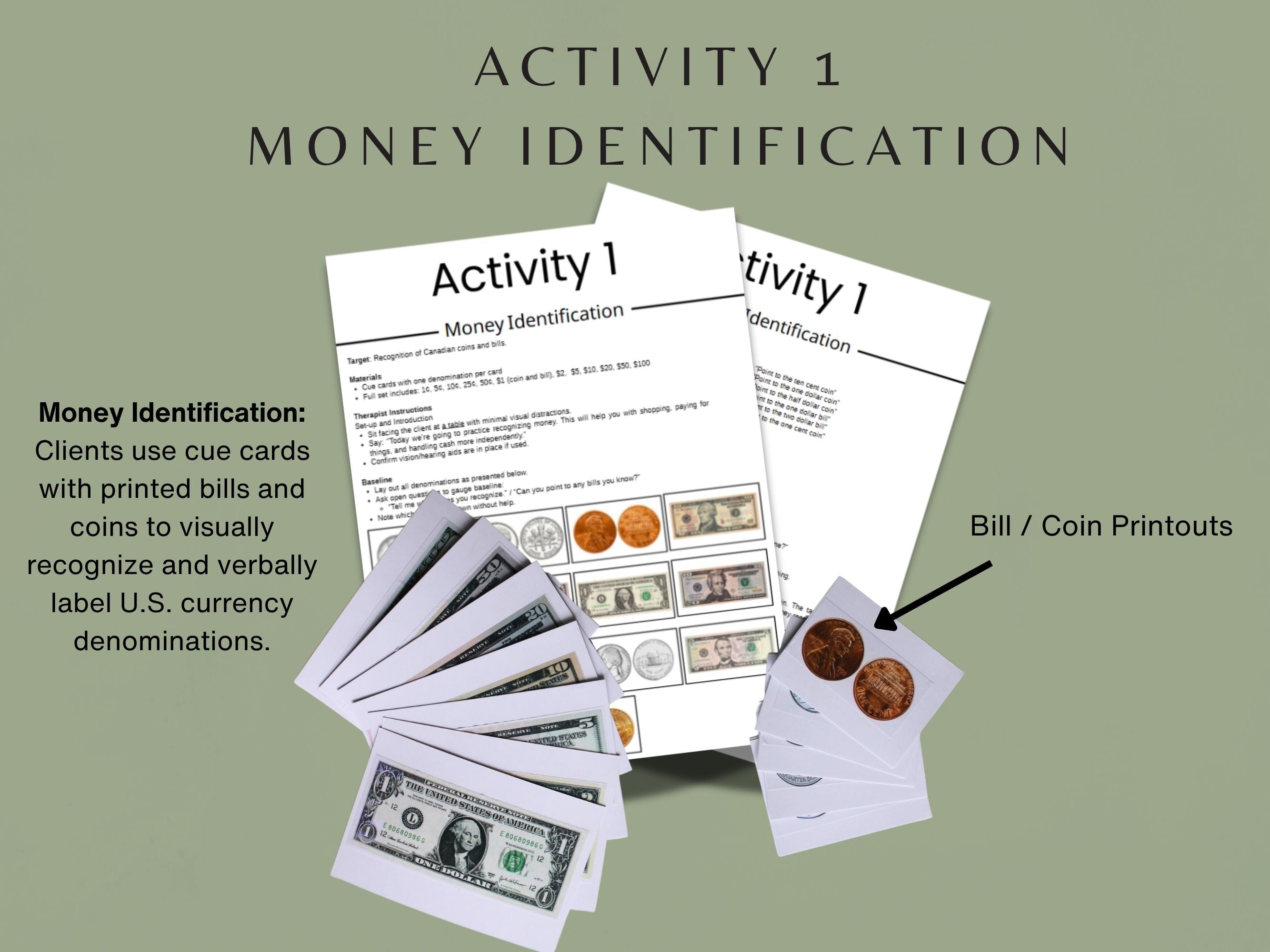 Rehab Worksheets money management kit for occupational and speech therapy, includes cognitive and physical training tools.