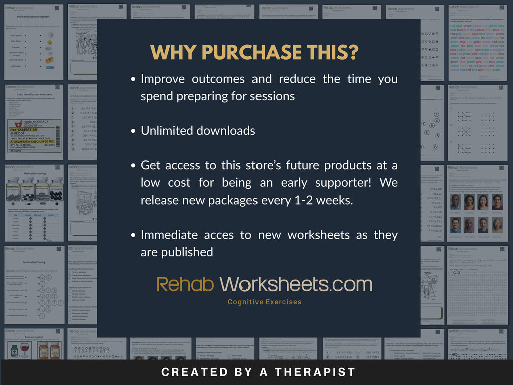 Digital downloads bundle from Rehab Worksheets, featuring multiple educational and therapy worksheets in one comprehensive package.