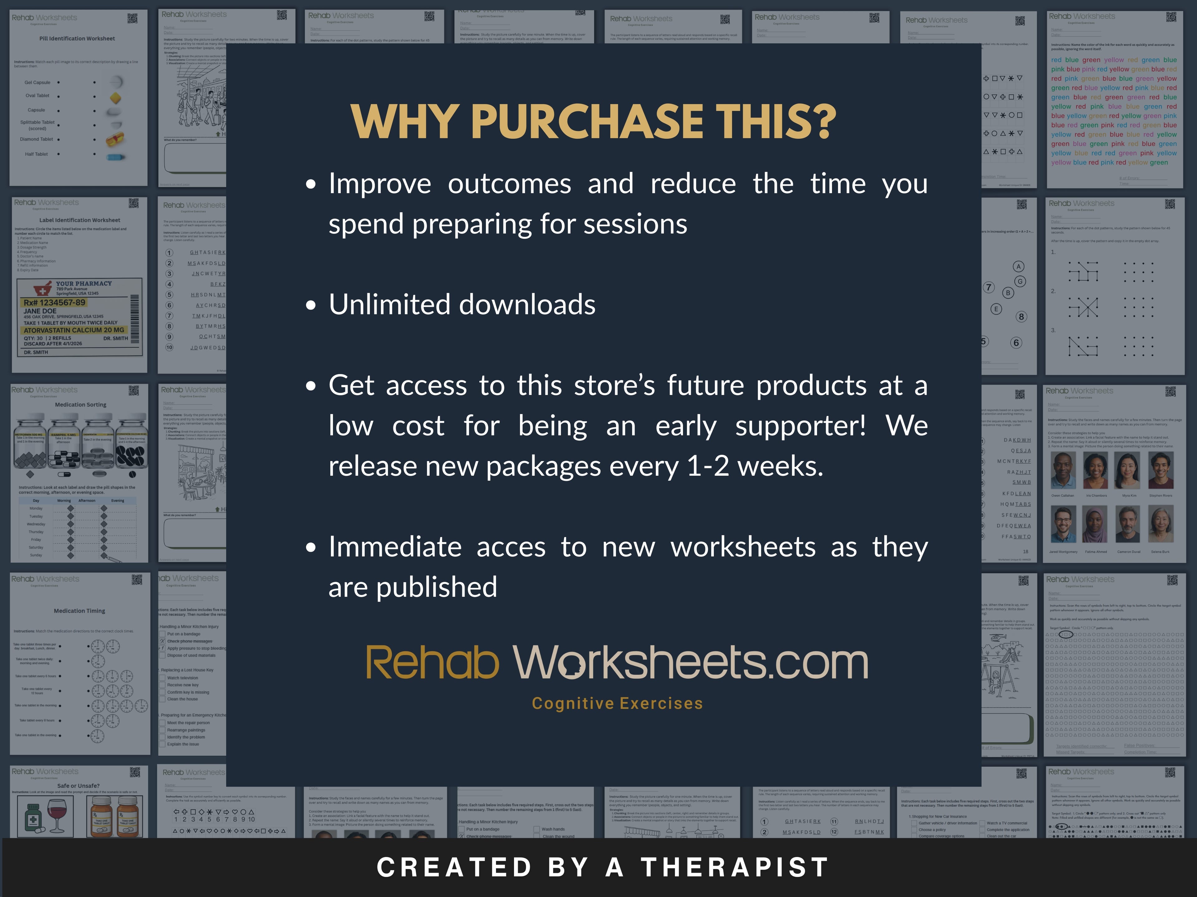 Digital downloads bundle from Rehab Worksheets, featuring multiple educational and therapy worksheets in one comprehensive package.