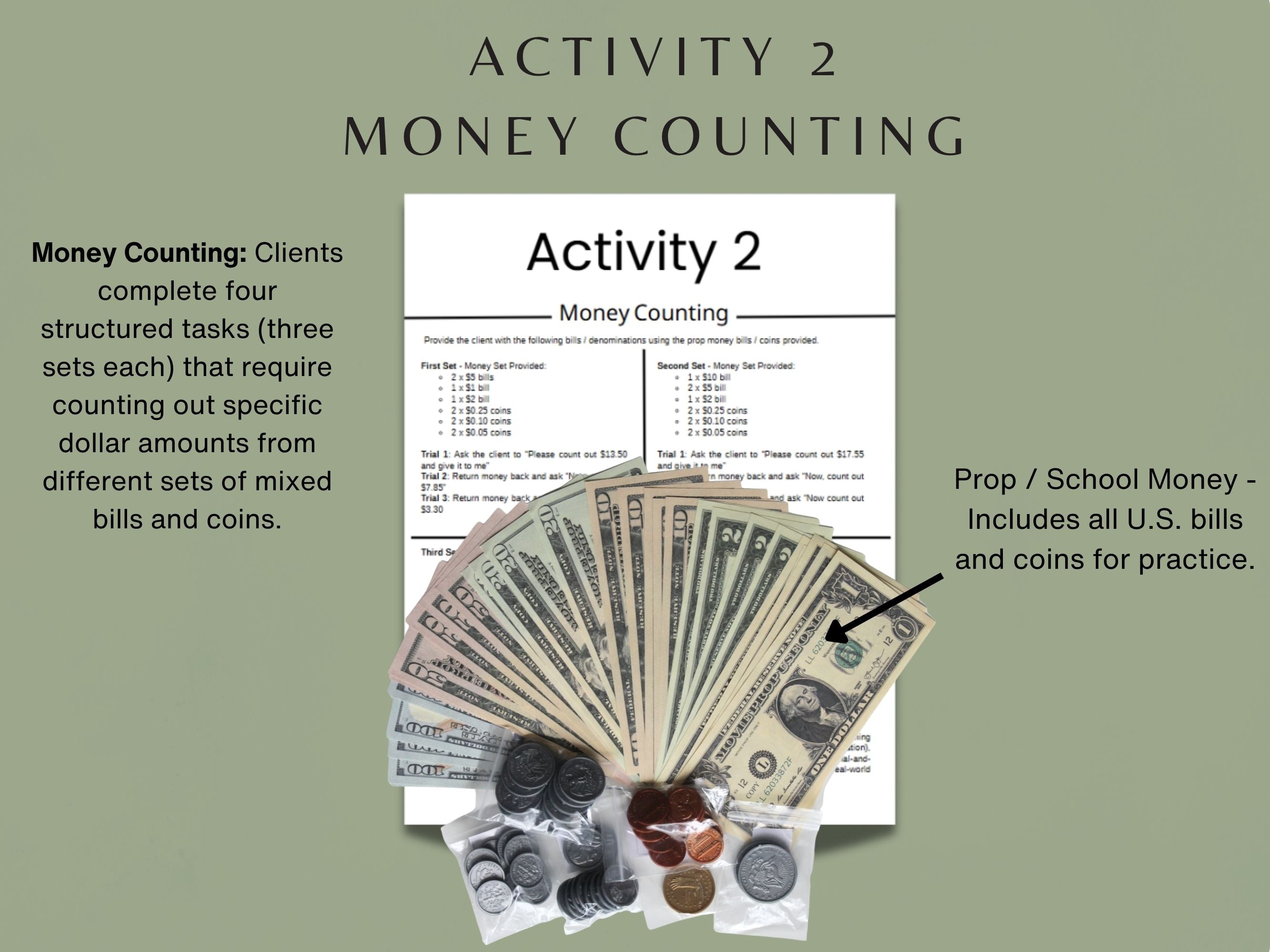 Money Management Kit from Rehab Worksheets featuring occupational, speech, cognitive, and physical therapy tools in a compact kit.