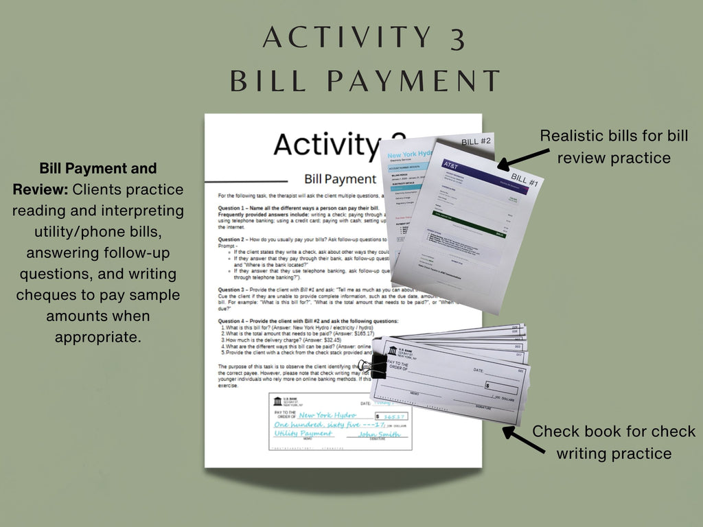 Rehab Worksheets Money Management Kit U.S. Edition for occupational, speech, and cognitive therapy, includes physical training tools.