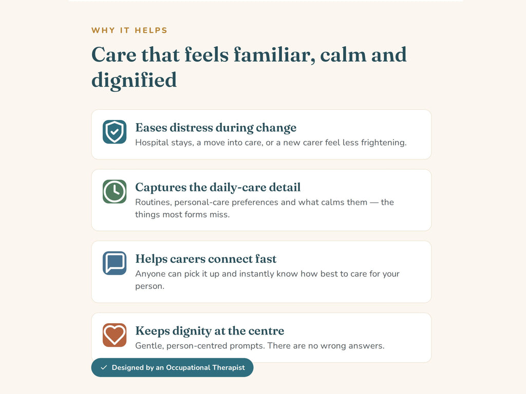 All About Me — Dementia Care Profile (Printable & Fillable PDF)