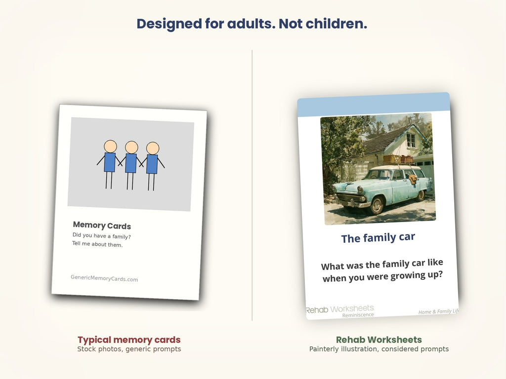 Dementia Reminiscence Cards (40) — Illustrated Conversation Prompts