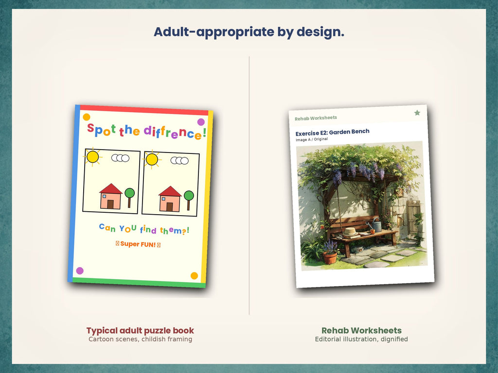 Dementia Spot the Difference Worksheets (30) — Realistic Scenes for Adults