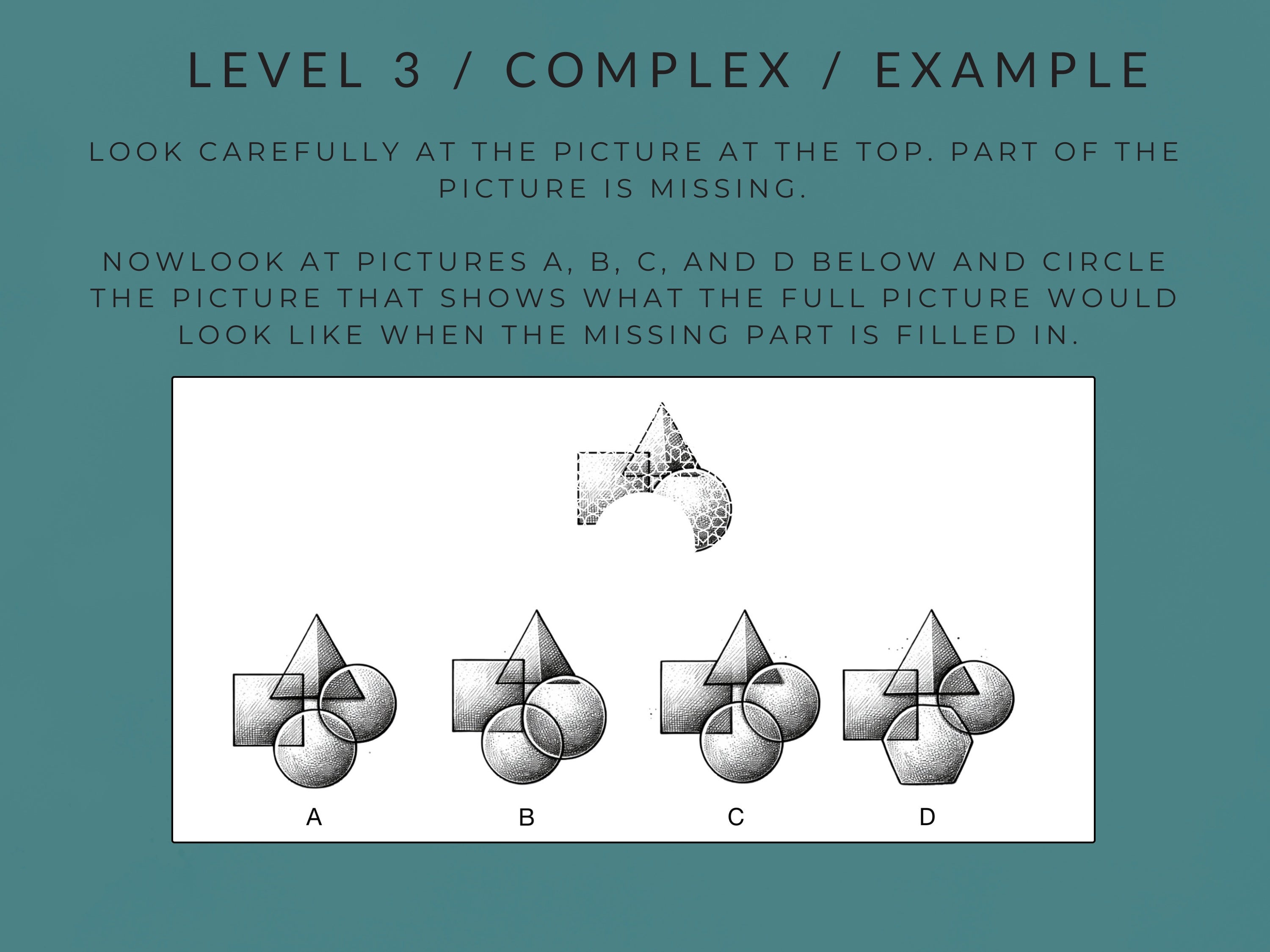 Rehab Worksheets Visual Closure Worksheets, 15 pages for visual perception skills, with illustrations and exercises on a white background.